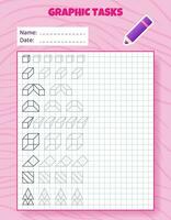 Drawing by cells. Educational game for preschool children. Worksheets for practicing logic and motor skills. Game for kids. Graphic tasks with different objects and elements. Vector illustration