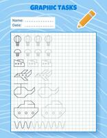 Drawing by cells. Educational game for preschool children. Worksheets for practicing logic and motor skills. Game for kids. Graphic tasks with different objects and elements. Vector illustration