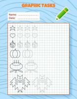 Drawing by cells. Educational game for preschool children. Worksheets for practicing logic and motor skills. Game for kids. Graphic tasks with different objects and elements. Vector illustration