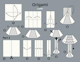 Lamp origami scheme tutorial moving model. Origami for kids. Step by step how to make a cute origami floor lamp. Vector illustration.