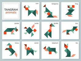 Tangram puzzle game for kids. Colorful geometric collection with isolated animals. Tangram various icons on white backdrop. Vector illustration