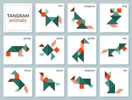 tangram rompecabezas juego para niños. vistoso geométrico colección con aislado animales tangram varios íconos en blanco fondo. vector ilustración