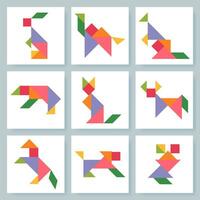 Tangram puzzle game for kids. Colorful geometric collection with isolated animals. Tangram various icons on white backdrop. Vector illustration