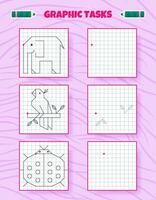 Drawing by cells. Educational game for preschool children. Worksheets for practicing logic and motor skills. Game for kids. Graphic tasks with elephant, parrot, ladybug. Vector illustration