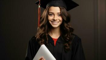 AI generated Confident young woman, barista, smiling, working in coffee shop generated by AI photo