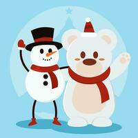 Cute christmas polar bear and snowman characters Vector illustration