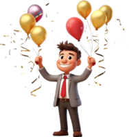 AI generated 3d cartoon businessman with balloons and confetti png