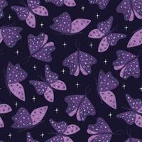 Mystical cosmic seamlees pattern wih butterflys and stars on dark background. Vector