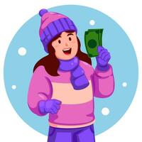 Girl Wearing Winter Clothes Holding a money vector