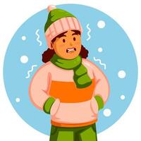 Girl Wearing a Winter Hat and Scarf feels shivering from the cold vector