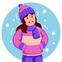 Girl Wearing a Winter Hat and Scarf feels shivering from the cold vector