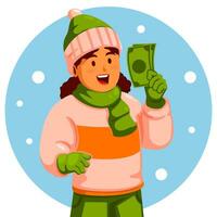 Girl Wearing Winter Clothes Holding a money vector