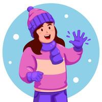 niña vistiendo un invierno sombrero y guantes ondulación su mano vector