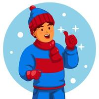 Boy in winter clothes and showing thumbs up vector