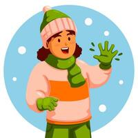 Girl wearing a winter hat and gloves waving his hand vector