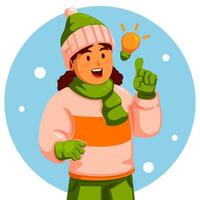 Girl Wearing Warm Clothes Holding a Light Bulb vector