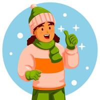 Girl in winter clothes and showing thumbs up vector