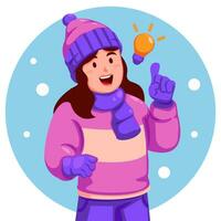 Girl Wearing Warm Clothes Holding a Light Bulb vector