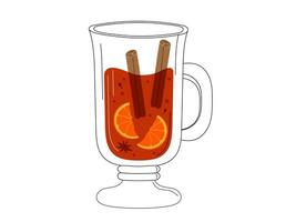 Hot mulled wine with cinnamon and orange. Cozy drink vector illustration of hot wine