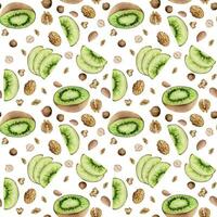 Hand drawn watercolor green kiwi fruit and nuts mix for diet and healthy lifestyle, vegan cooking. Illustration seamless pattern isolated on white background. Design print, poster, website, card, menu vector