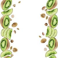 Hand drawn watercolor green kiwi and nut mix, walnut almond diet and healthy lifestyle, vegan cooking. Illustration border frame isolated on white background. Design poster, print, website, card, menu vector