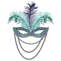 Hand drawn watercolor Mardi Gras carnival symbols. Theater masquerade mask with feathers and beads, gold purple green. Single object isolated on white background. Design party invitation, print, shop vector