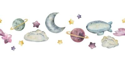 Watercolor hand drawn illustration, magical cosmos universe items, moon stars clouds airship balloon. Seamless border Isolated on white background. For kids, children bedroom, fabric, linens print vector