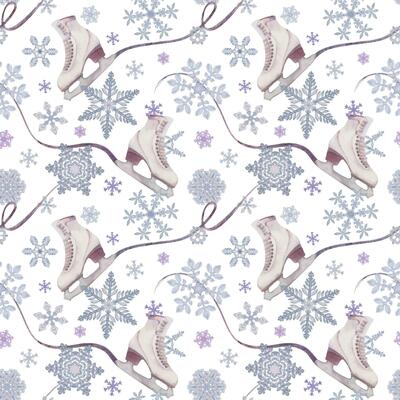 Hand drawn watercolor figure skating boots, winter sports gear, ice trail swirl glitter, snowflakes. Illustration isolated seamless pattern, white background. Design for poster, print, website, card