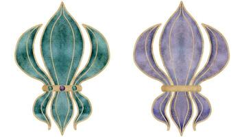 Hand drawn watercolor Mardi Gras carnival symbols. Lily iris flower French fleur de lis, purple green gold beads. Single object isolated on white background. Design for party invitation, print, shop vector