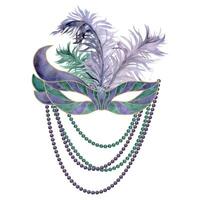 Hand drawn watercolor Mardi Gras carnival symbols. Theater masquerade mask with feathers and beads, gold purple green. Single object isolated on white background. Design party invitation, print, shop vector