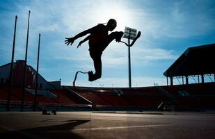 Athletes with disabilities who utilize running blades for short distances. Run down the running track. photo