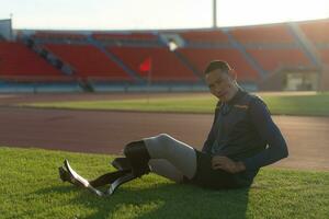 Athletes with disabilities take a break at the stadium between training sessions. photo