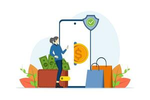 Concept of online payment, mobile banking, e-wallet, e-commerce, transaction, purchase, payment by credit card via electronic wallet wirelessly on the phone, Shopping via phone and connected cards. vector