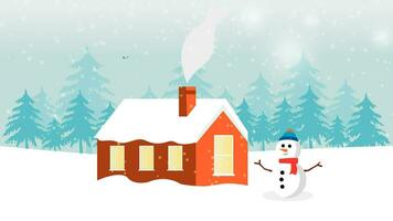 Merry Christmas Animation With Snow fall, Winter Forest House And Snowman video