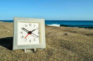 a clock on the beach with the ocean in the background photo