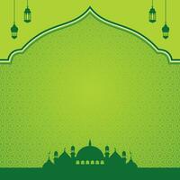 green islamic background design with mosque and lanterns shape, islamic background template vector