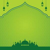 green islamic background design with mosque and lanterns shape, islamic background template vector