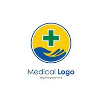 medical logo design with hand and plus sign, modern hospital logo inspiration template vector