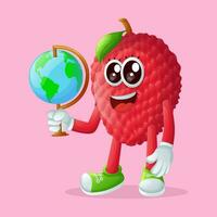 lychee character holding a globe vector