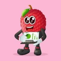 lychee character holding a laptop with graphs vector