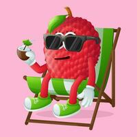 lychee character relaxing on a beach chair vector