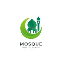 simple green mosque logo design, modern islamic symbol with mosque and moon shape vector