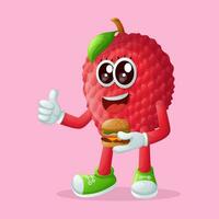 lychee character holding a burger and smiling vector