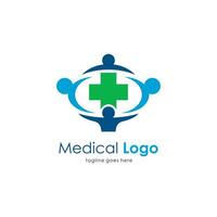 médico logo con ilustración de personas participación manos diseño, moderno rojo y amarillo hospital logo inspiración modelo vector