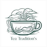 Illustration of Herbal traditional Tea. Tea Cup, tea leaves. Oriental, Chinese tea logo template. Vector Image EPS 10. Flat minimalistic style.