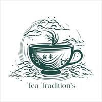 Illustration of Herbal traditional Tea. Tea Cup, tea leaves. Oriental, Chinese tea logo template. Vector Image EPS 10. Flat minimalistic style.