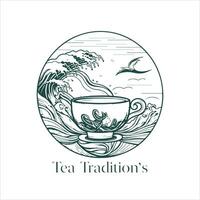 Illustration of Herbal traditional Tea. Tea Cup, tea leaves. Oriental, Chinese tea logo template. Vector Image EPS 10. Flat minimalistic style.