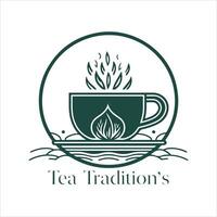 Illustration of Herbal traditional Tea. Tea Cup, tea leaves. Oriental, Chinese tea logo template. Vector Image EPS 10. Flat minimalistic style.