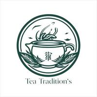 Illustration of Herbal traditional Tea. Tea Cup, tea leaves. Oriental, Chinese tea logo template. Vector Image EPS 10. Flat minimalistic style.