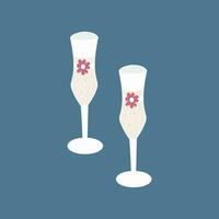 Two glasses of champagne with ribbons and flowers. vector